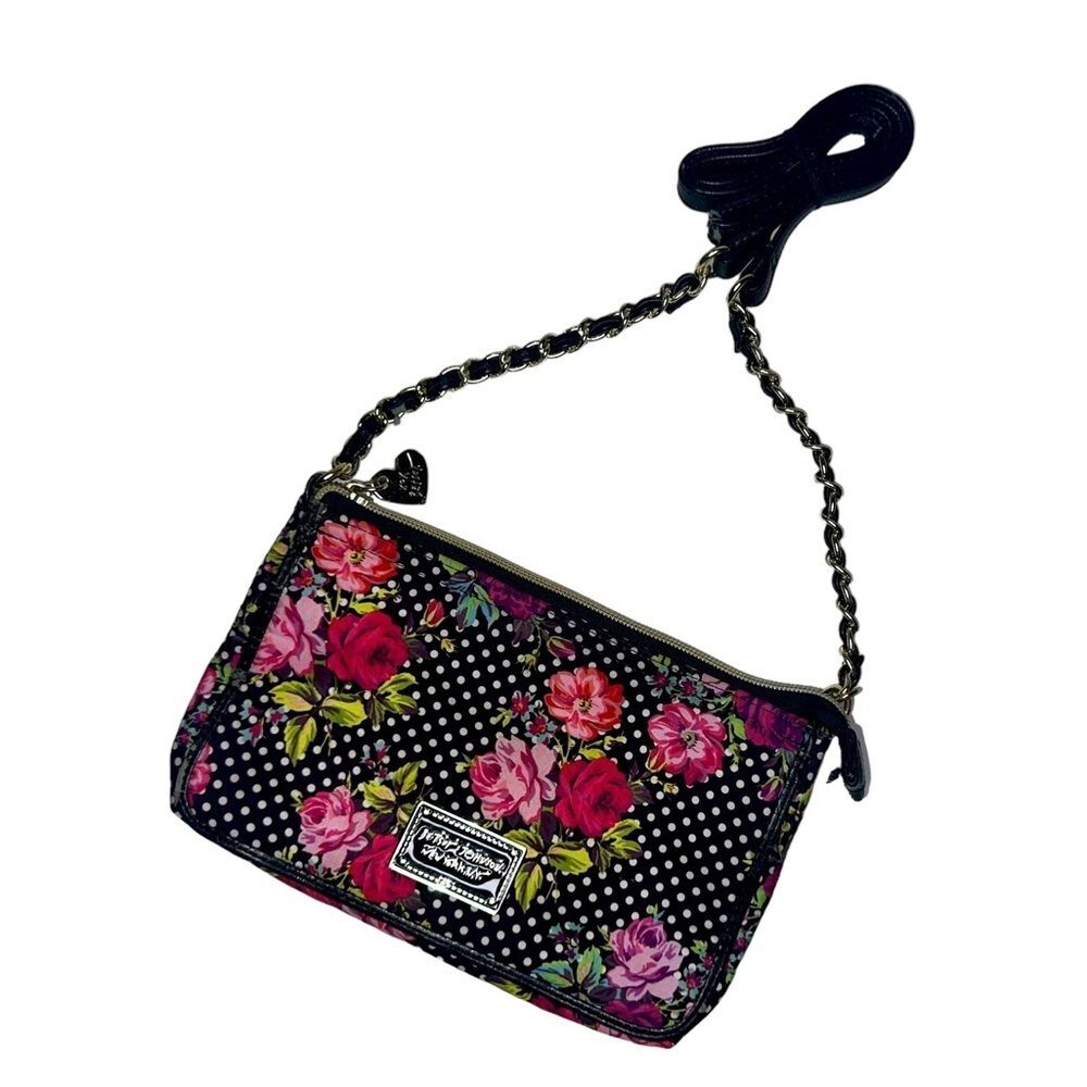 BETSEY JOHNSON Black, White Dots with Floral Roses & Bow Shoulder Bag Purse EUC